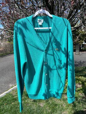 Vintage 80s Izod Lacoste Logo Knit Cardigan Sweater green